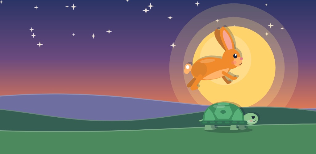 Pip the Hare leaps over Moss the Tortoise under a big golden moon
