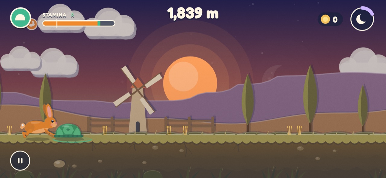 Moss tucks into his shell in the dusk hills near a windmill