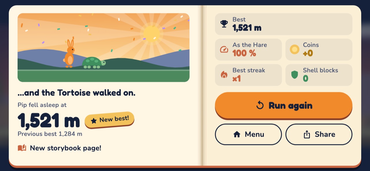 The results page with a new best distance